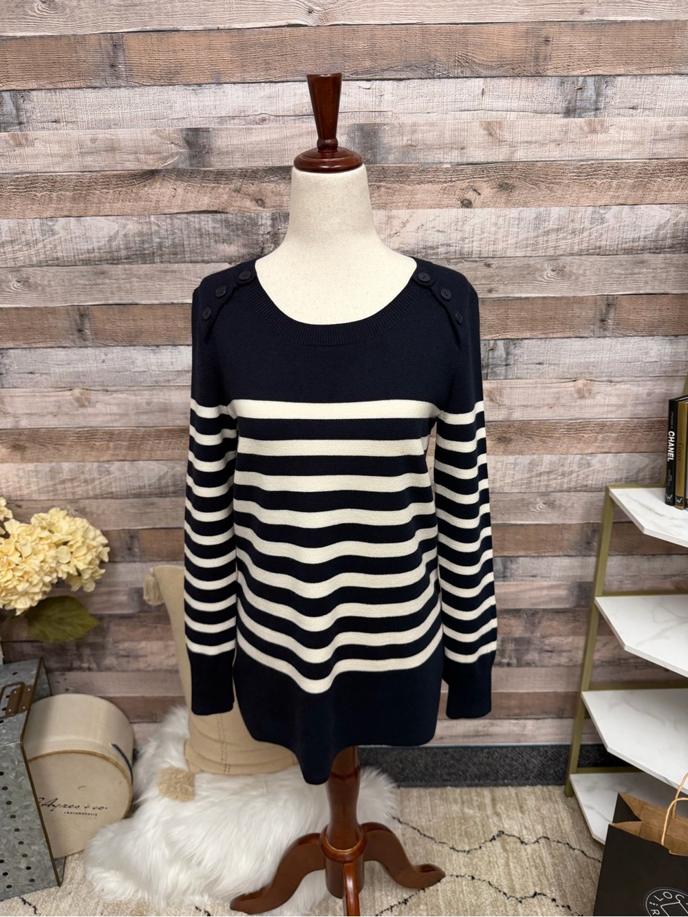 LOFT Navy & Cream Striped Button-Shoulder Sweater Dress
